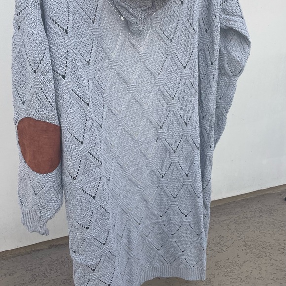 63Bohemian Knit Grey Lace Up Long Hood Gray Cardigan Brown Crochet Elbow Patches - Picture 6 of 7